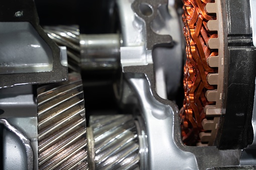 A close up of modern automobile vehicle engine and spare parts