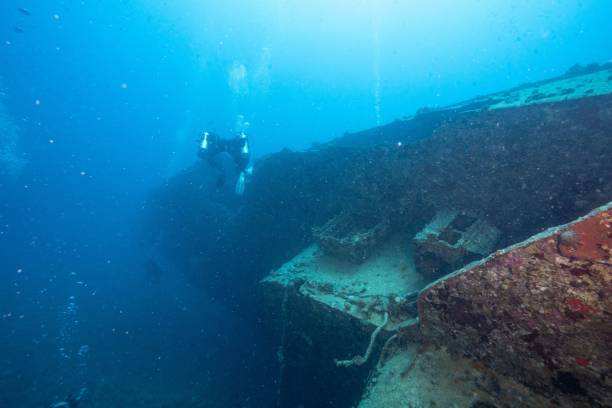 istock Scuba divers simming near a shipwreck under the sea 1447082654