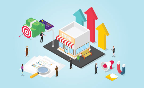 ilustrações de stock, clip art, desenhos animados e ícones de small business growth development with finance report and data money with modern isometric style - vector - customer target people market