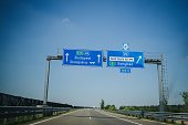 Blue road sign showing the direction to Budapest over a asphalted road, Hungary