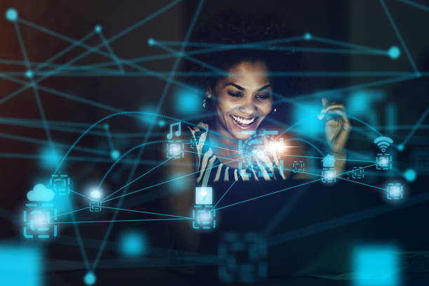 istock Black woman, cloud computing or hologram futuristic 5g UX tech for networking, analytics or big data strategy. Business network, iot or data analysis computer AI for big data or social media app 1447084052
