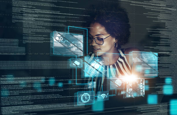 istock Internet, digital transformation and networking with woman in office with iot website, cloud computing and technology abstract. Innovation, futuristic or industry 4.0 with employee working on it data 1447084060