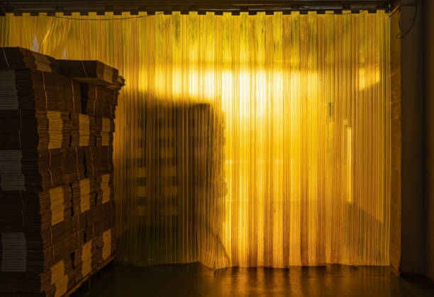 istock Yellow warehouse storage with stacked cardboard package and export product in temperature controlled and sterile room at processing plant 1447084356