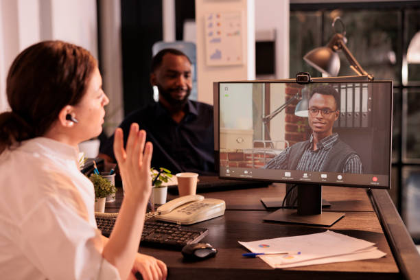 istock Colleagues talking on corporate online meeting using videocall app 1447084468