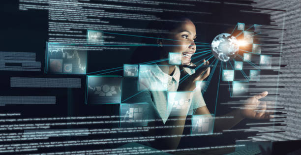 istock Woman, futuristic technology and phone networking with big data for global communication at night. Female employee developer at work on digital transformation, cyber security and fintech overlay 1447085315