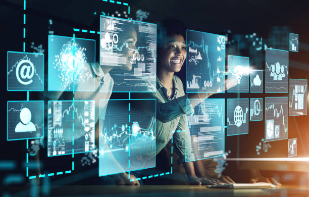 istock Tech team, overlay and trading on stock market with hologram, cloud computing and ai financial strategy via wifi internet. Female, cryptocurrency and trader doing data analysis for investment growth 1447085317