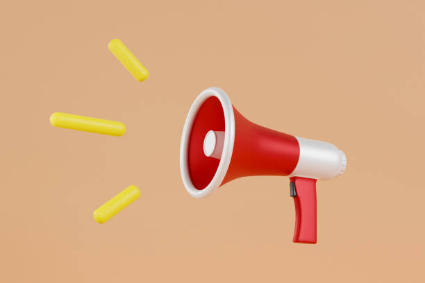istock Realistic Megaphone, white and red loudspeake on brown background, 3D mock up. 3D render illustration. 1447085425