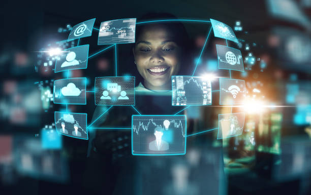 istock Technology, ai and business woman networking or trading at night using virtual UX interface at work. Female using big data hologram with futuristic 5g network and social connections in dark office 1447085824