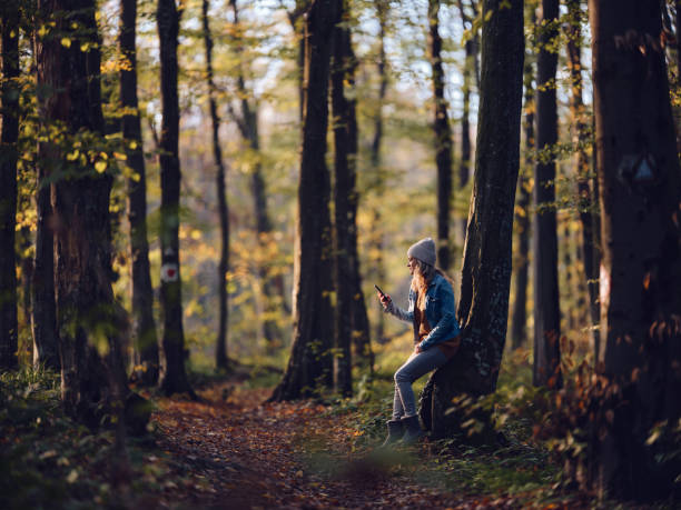 istock Young woman using mobile phone in the woods. 1447085920