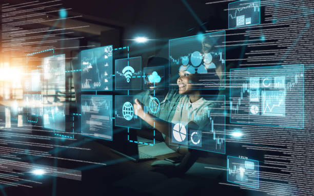 istock Digital transformation, black people and group networking on computer. Overlay, ai and business people on ui, technology or ux and futuristic big data, 5g network and social connection in dark office 1447086079