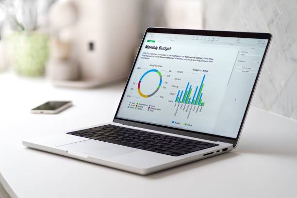 istock Gray laptop with a monthly budged report with graphs 1447087073