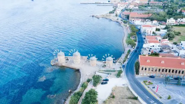 An aerial view of windmills in Chios Island, Greece