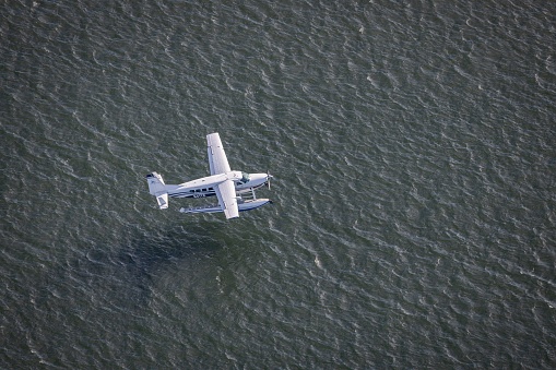 Boston, United States – August 31, 2022: An aerial view of a seaplane on the surface of an ocean in Boston Logan International Airport, United States