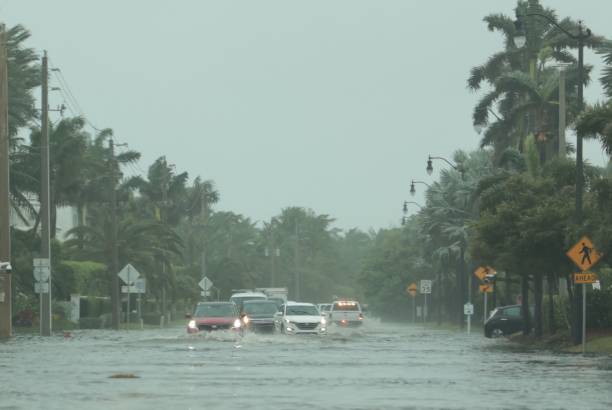 strada allagata con auto che passano durante l'uragano nicole a palm beach, in florida. luglio 2022 - hurricane storm natural disaster nature foto e immagini stock