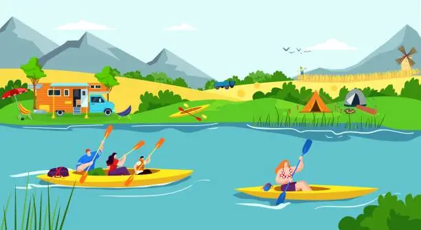 Vector illustration of Water recreation vacation in river, summer boat sport for people kayak activity vector illustration. Man woman character with paddle