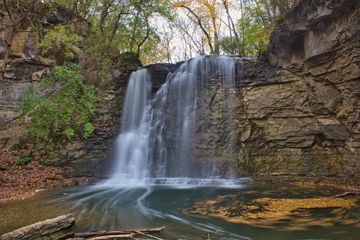 A scenic view of the Hayden Run Falls in Columbus Ohio in forest