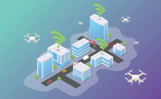 Vector illustration of drone technology flying in top of smart city with isometric modern flat style - vector
