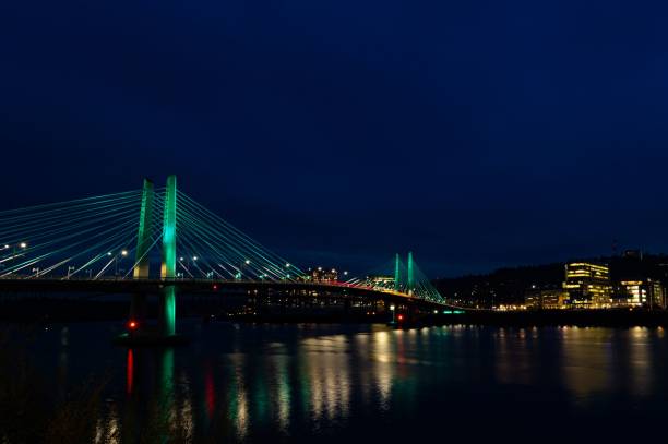 istock Low angle view of a beautiful bridge above the water at night 1447090886