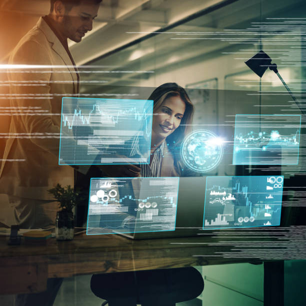 istock Business people, teamwork or consulting cloud computing, hologram or futuristic 5g UX tech for networking, analytics or big data strategy. Network, AI or digital information computer for big data iot 1447092088