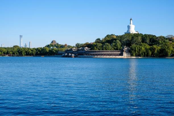 istock Bright blue river with Beihai Park in the background, Beijing, China 1447092572