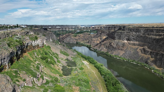 An aerial view of the Perrine Memorial Bridge over the Snake River Canyon in Twin Falls, Idaho, USA
