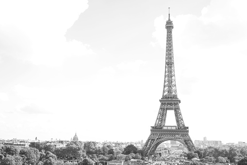 A monochrome shot of the Eiffel Tower in Paris, France