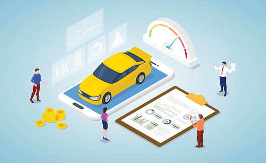 car market analysis concept with some graph and chart data report with modern isometric style vector
