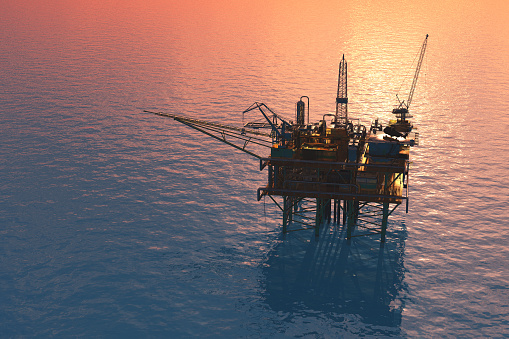 Oil production into the sea from above. 3d render