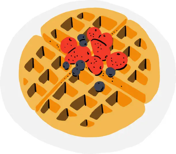 Vector illustration of Waffle dessert with strawberry Sweet dessert Hand drawn color Illustration