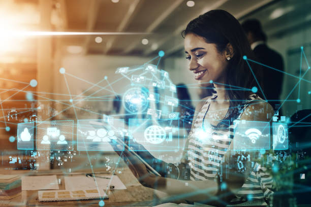 istock Internet, networking and digital transformation with woman and tablet for global communication, website and technology abstract. Big data, iot future and cloud computing innovation with employee 1447095759