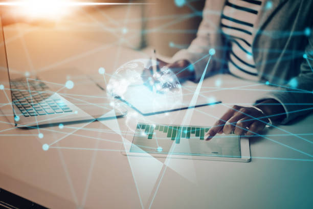 istock Digital business, global overlay and hands for futuristic technology, finance data analytics and international ecommerce profit infographics. Corporate worker with chart, graph and statistics graphic 1447095762