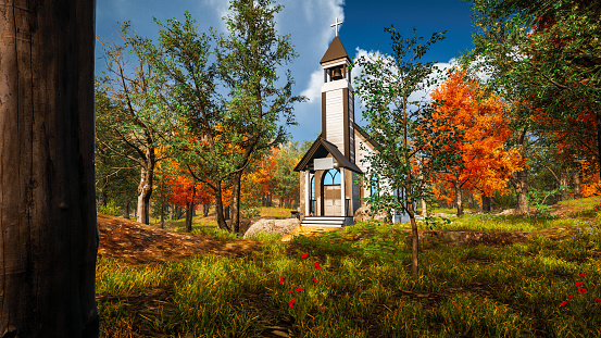 3D rendering. Outside american church with natural environment