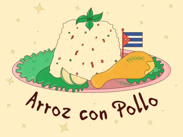 Vector illustration of Cuban food. Arroz con Pollo. Traditional Cuban dish. Vector illustration