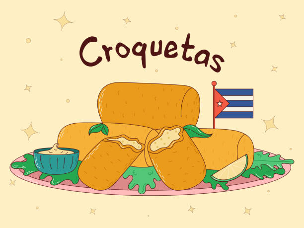 ilustraciones, imágenes clip art, dibujos animados e iconos de stock de comida cubana. croquetas. plato tradicional cubano. ilustración vectorial - croquetas