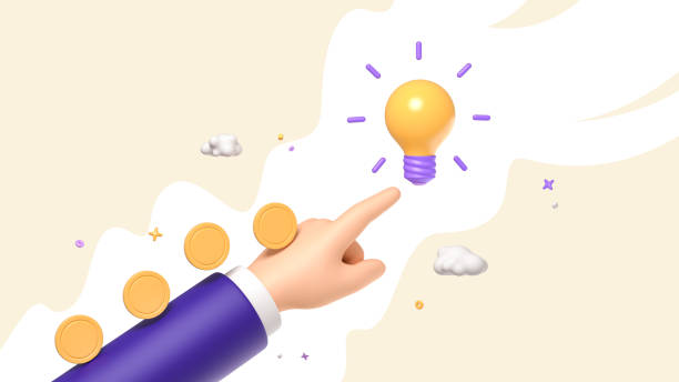 istock Businessman's hand pointing at a light bulb symbolize an idea and money gain. 3d render 1447102119