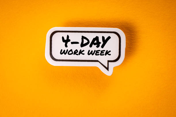 4-day work week. Text and speech bubble on yellow background stock photo
