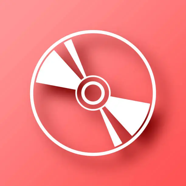 Vector illustration of CD or DVD. Icon on Red background with shadow