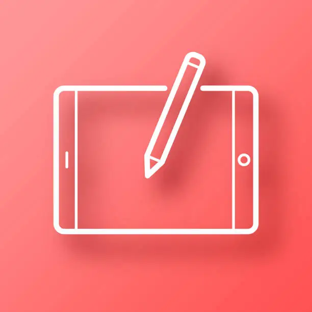 Vector illustration of Tablet PC with pen - Horizontal position. Icon on Red background with shadow
