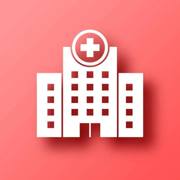 Vector illustration of Hospital building. Icon on Red background with shadow