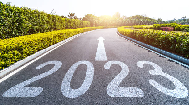 istock Empty asphalt road with Number 2023 and arrow sign 1447104160