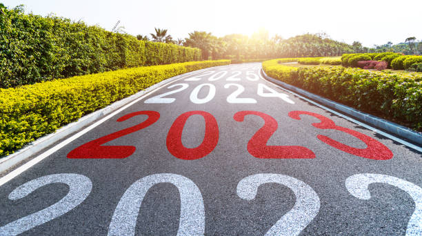 istock Empty asphalt road with Number 2022, 2023, and 2024 1447104163