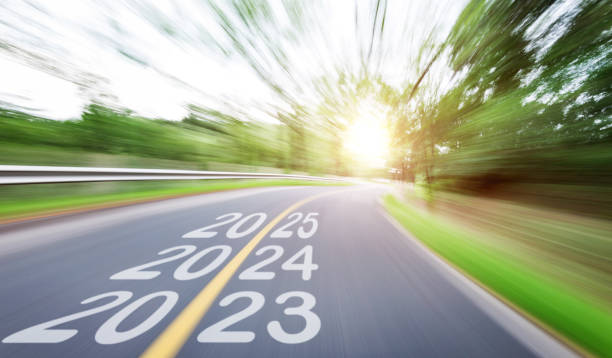 istock Blurred road with Number 2023, 2024 and 2025 1447104210