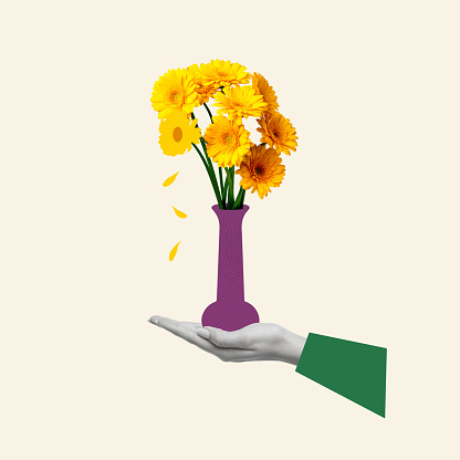 Creative collage of hand holding a vase of flowers. Holidays and love concept. Women's Day on March 8, Valentine's Day. Greeting card. Copy space.