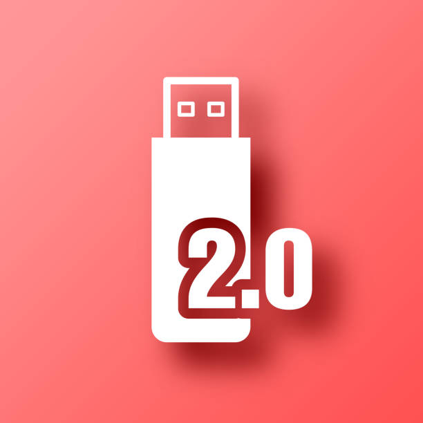 ilustraciones, imágenes clip art, dibujos animados e iconos de stock de unidad flash usb 2.0. icono sobre fondo rojo con sombra - usb 2 0