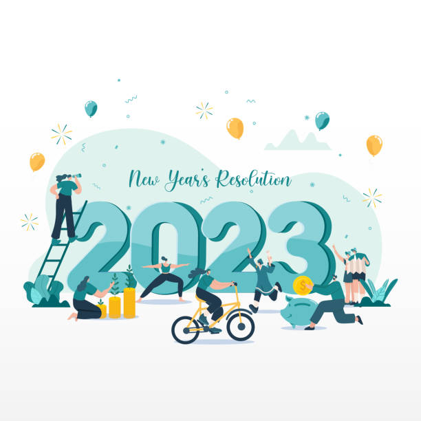 frohes neues jahr 2023. 2023 ziele und beschlüsse konzeptillustration. winzige menschen, die spaß an ihren zielen im jahr 2023 haben. - zen like meditating yoga business stock-grafiken, -clipart, -cartoons und -symbole