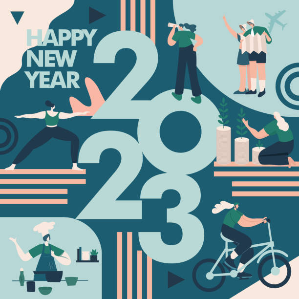 ilustrações de stock, clip art, desenhos animados e ícones de happy new year 2023. 2023 goals and resolutions concept illustration. tiny people having fun with their goals in 2023. - yoga meditating business group of people
