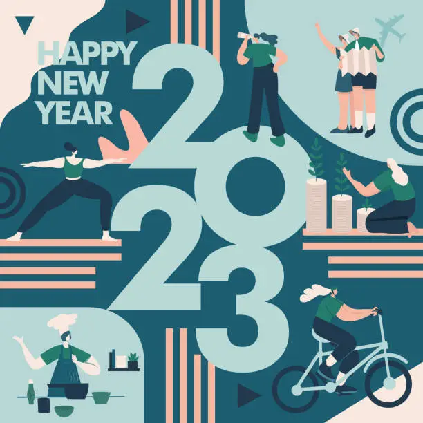 Vector illustration of Happy new year 2023. 2023 Goals and resolutions concept illustration. tiny people having fun with their goals in 2023.