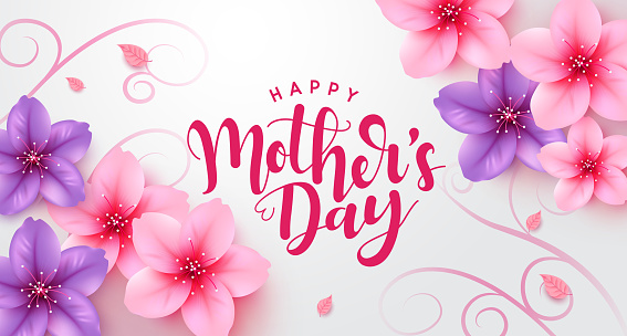 Happy mother's day text vector design. Mother's day postcard and greeting card with cherry blossom elements for international holiday celebration. Vector Illustration.