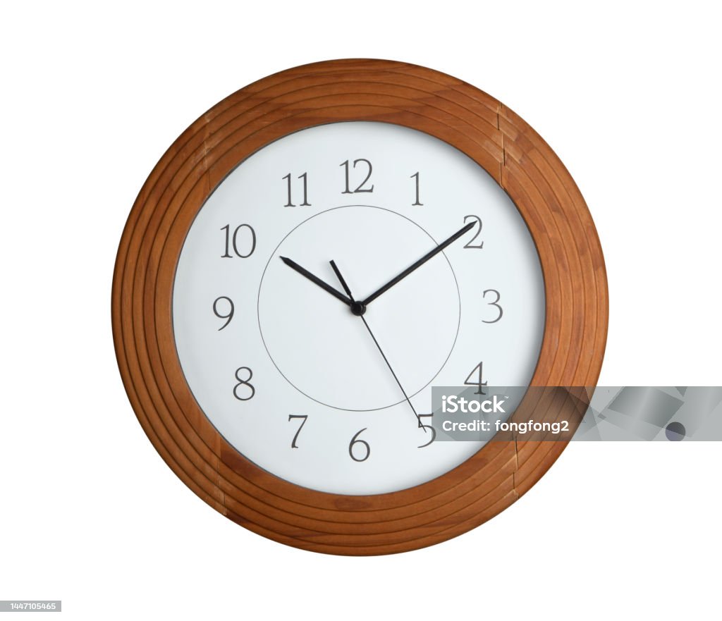 Wooden frame clock isolated on white background Wall Clock Stock Photo