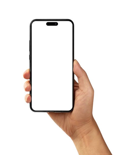 istock Hand holding smartphone with blank screen and modern frame less design isolated on white 1447105510